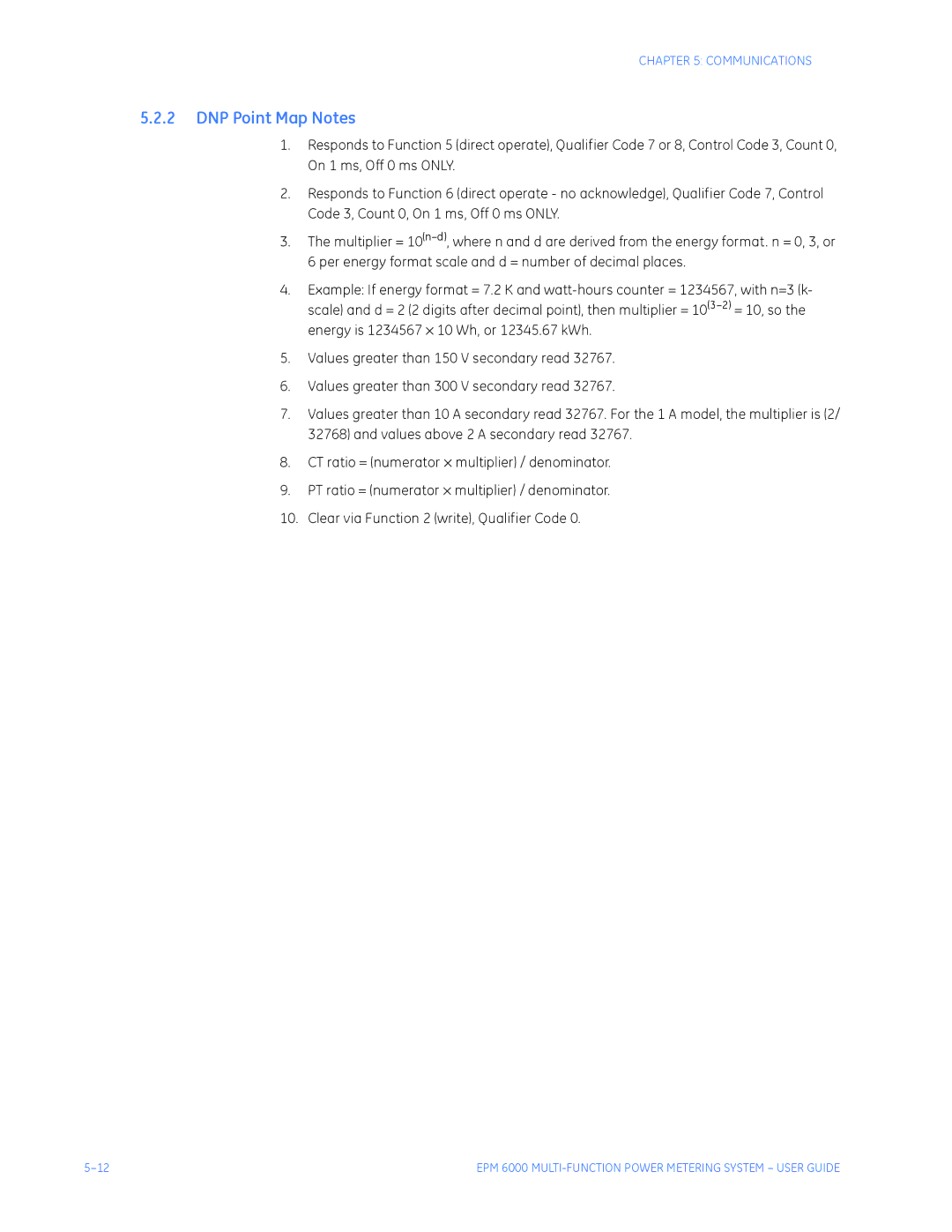 GE EPM 6000 Multi-function Power Metering System instruction manual DNP Point Map Notes 