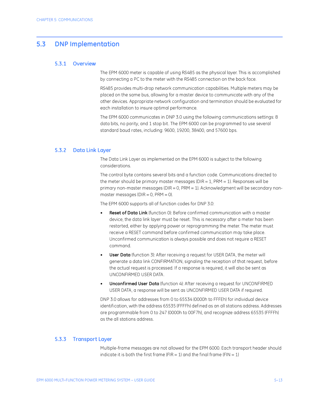 GE EPM 6000 Multi-function Power Metering System instruction manual DNP Implementation, Data Link Layer, Transport Layer 