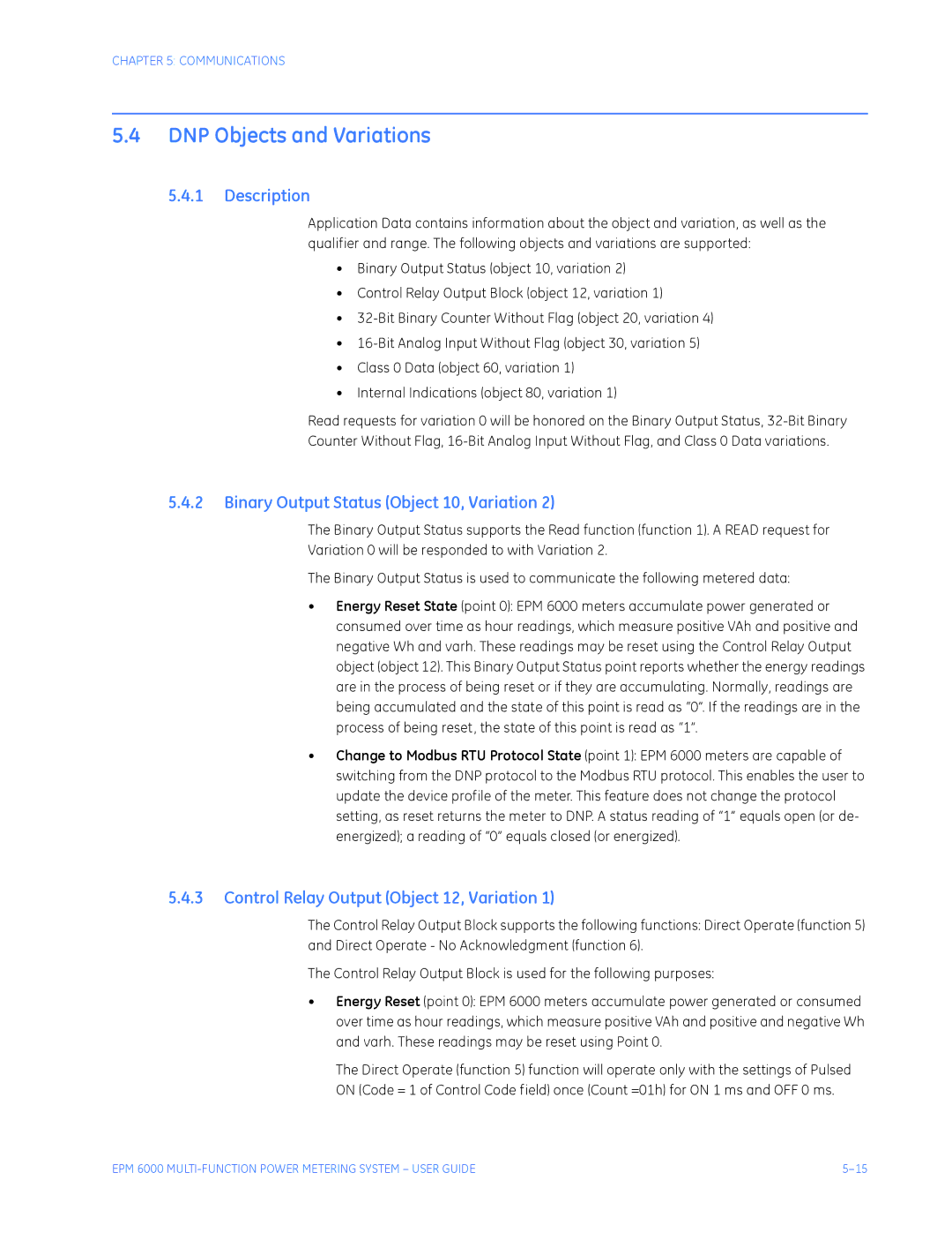 GE EPM 6000 Multi-function Power Metering System DNP Objects and Variations, Binary Output Status Object 10, Variation 