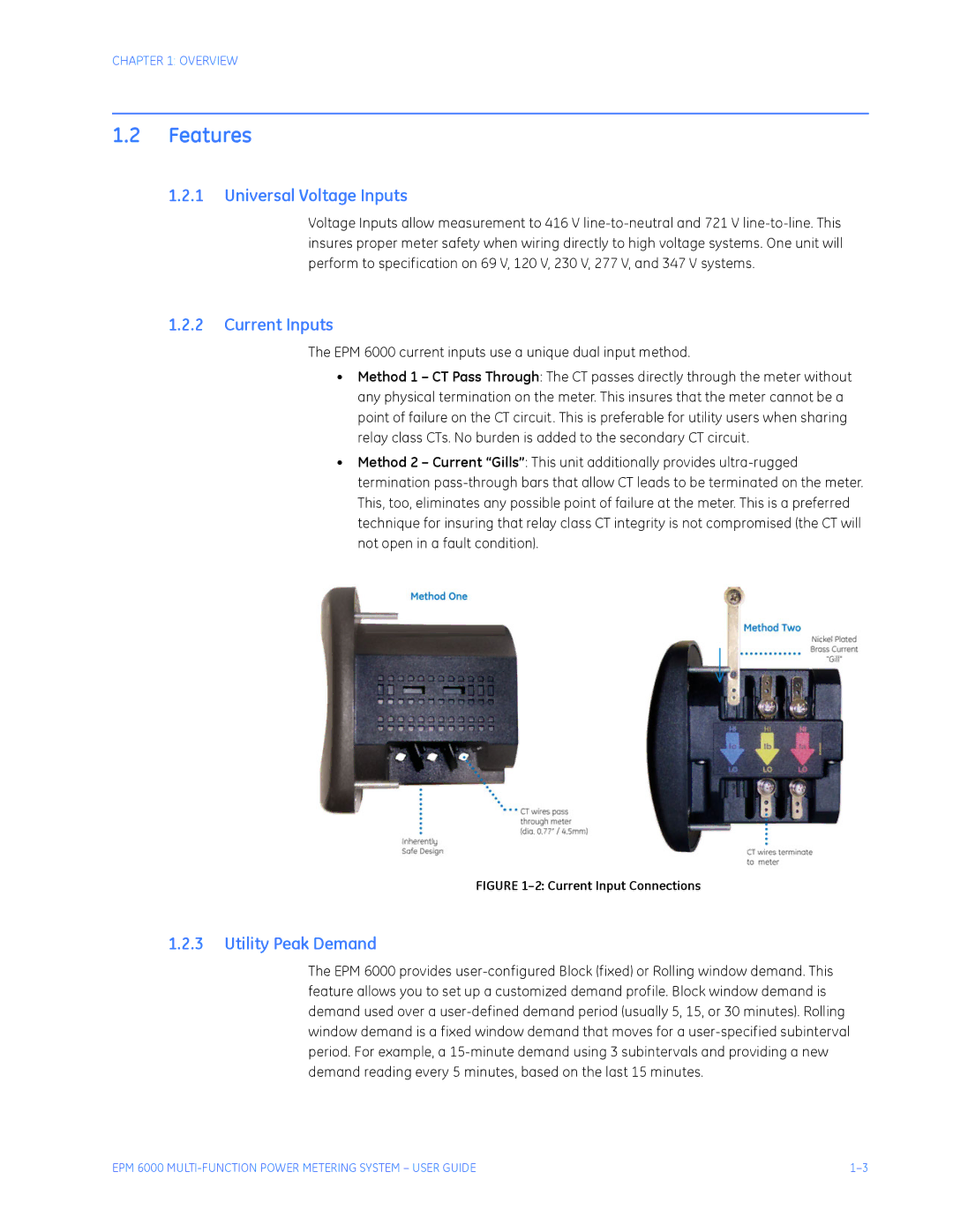 GE EPM 6000 Multi-function Power Metering System Features, Universal Voltage Inputs, Current Inputs, Utility Peak Demand 