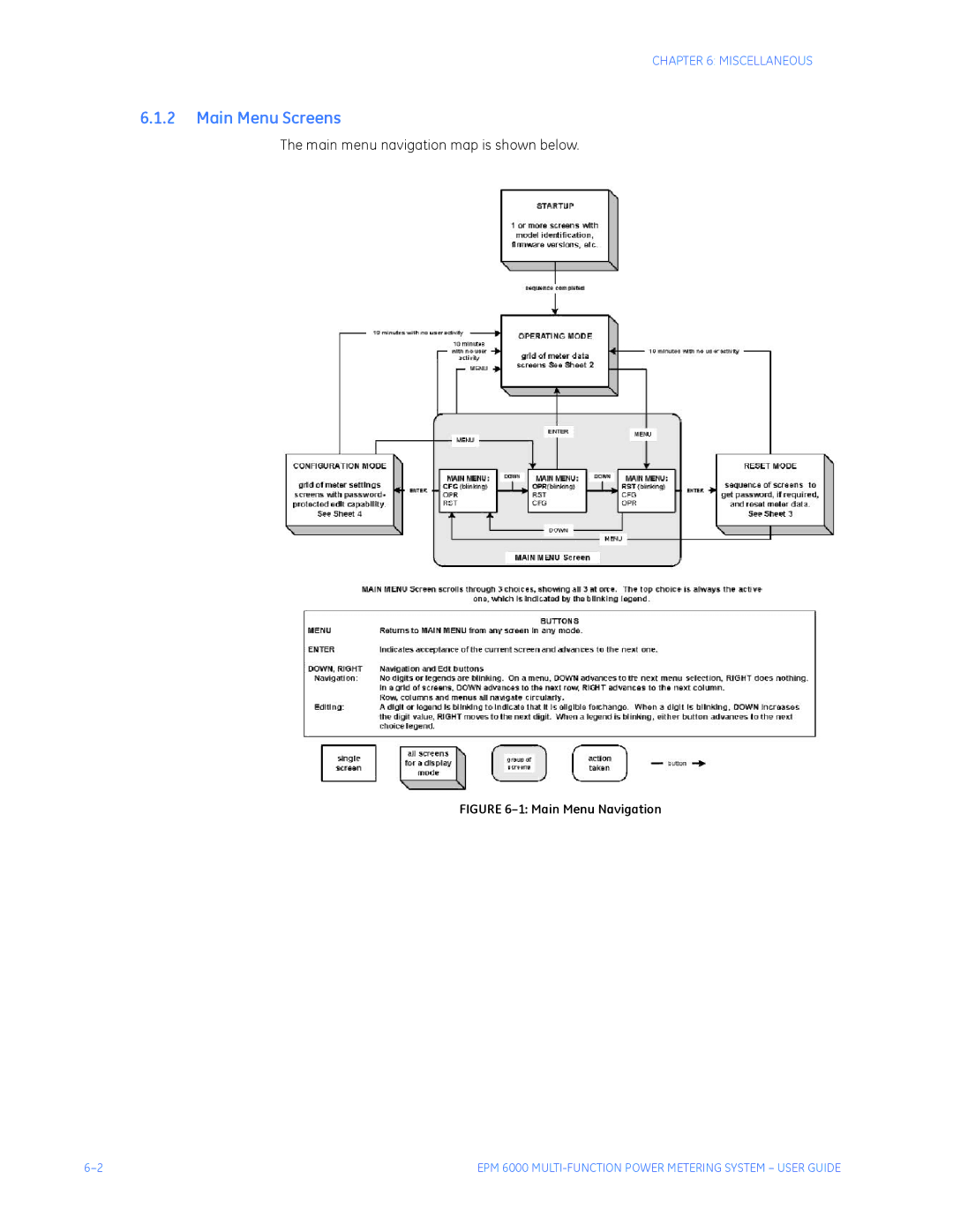 GE EPM 6000 Multi-function Power Metering System instruction manual Main Menu Screens, Main Menu Navigation 