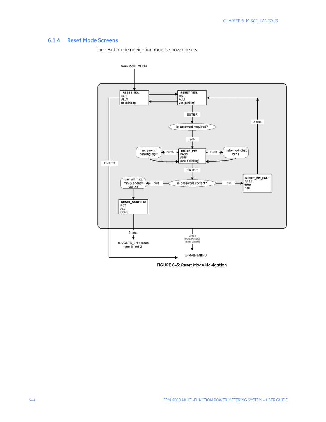 GE EPM 6000 Multi-function Power Metering System instruction manual Reset Mode Screens, Reset Mode Navigation 