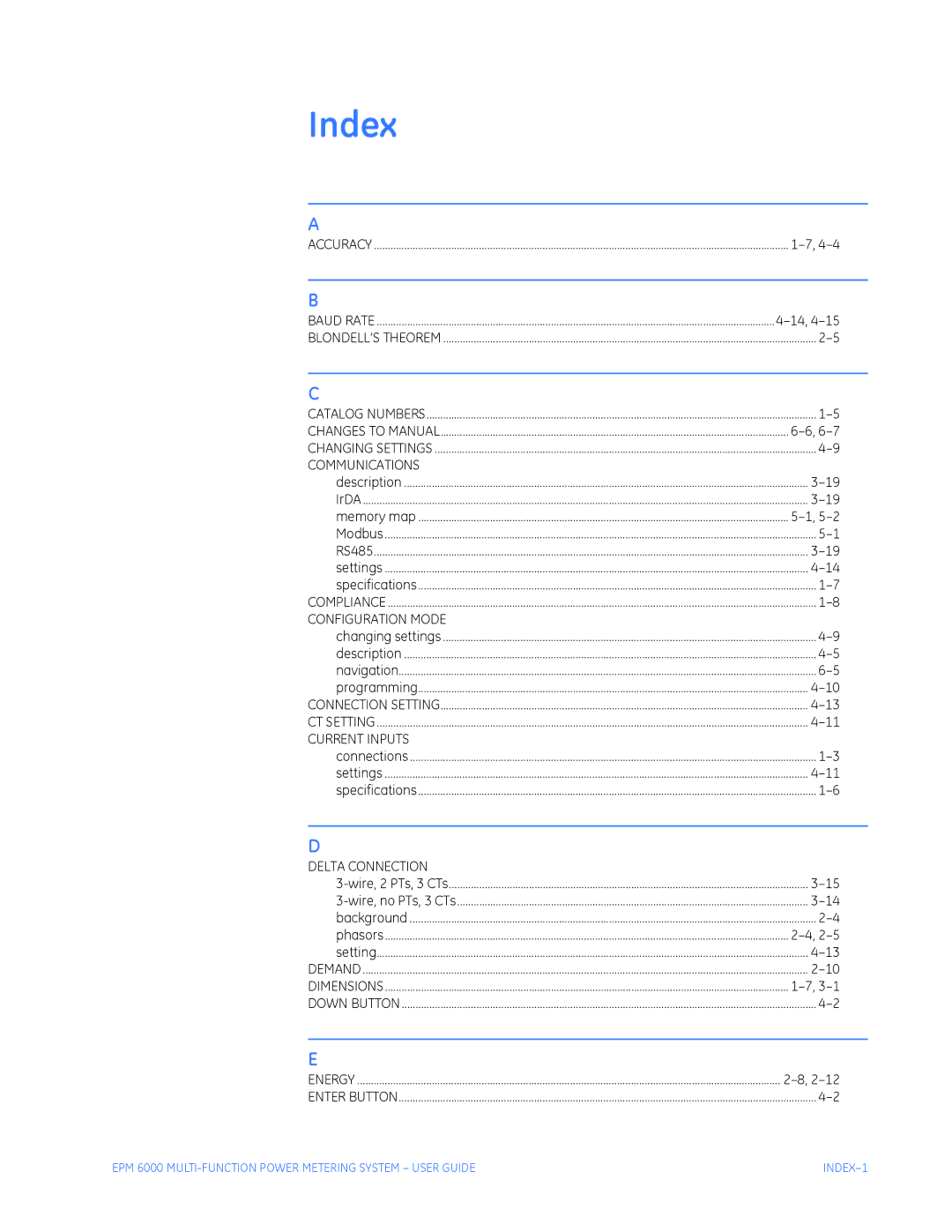 GE EPM 6000 Multi-function Power Metering System instruction manual Index 