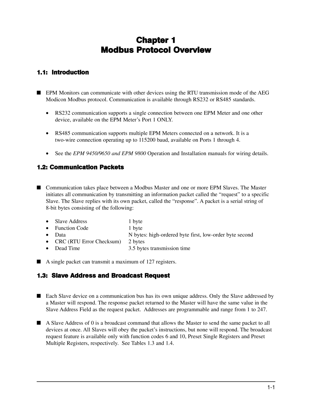 GE EPM 9650/9800 manual Introduction, Communication Packets, Slave Address and Broadcast Request 