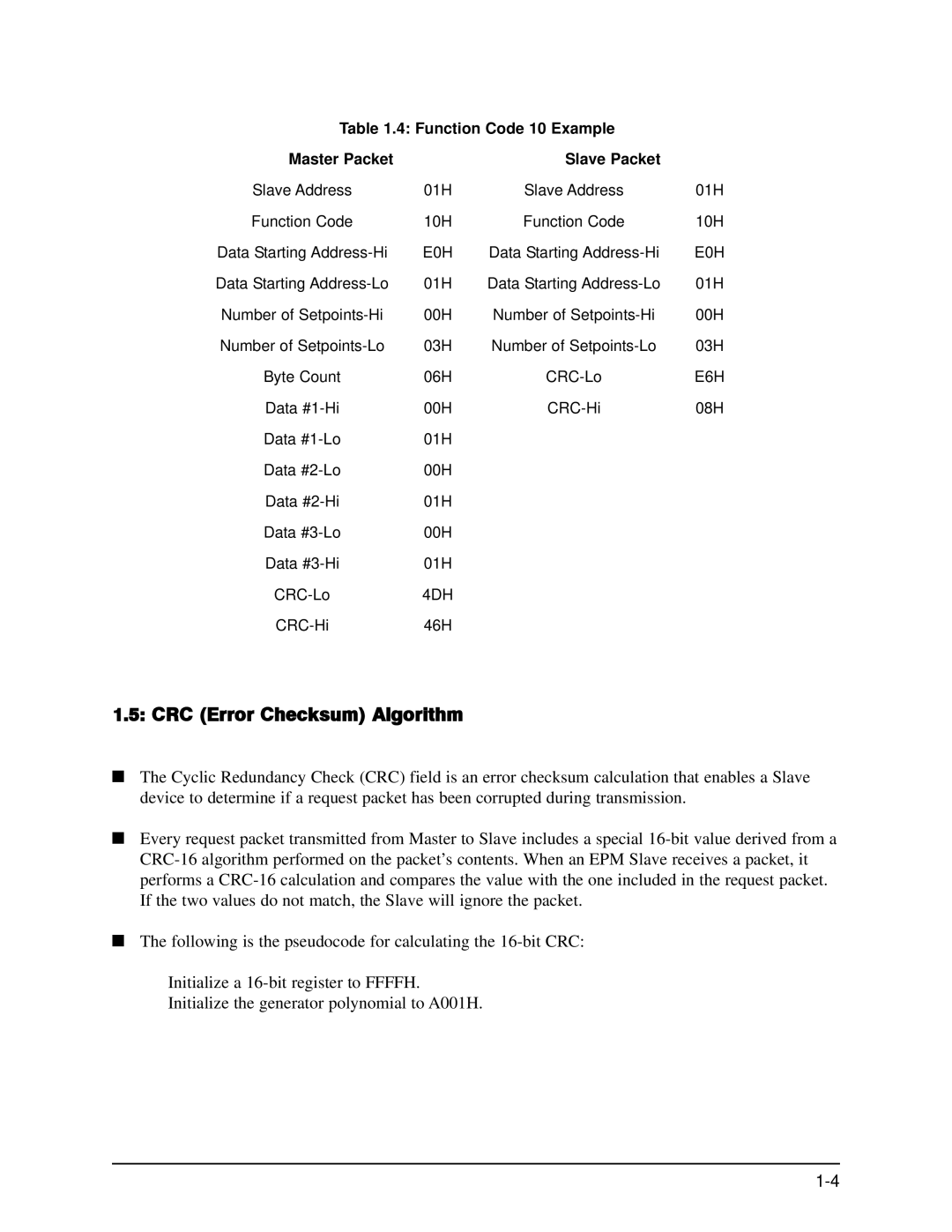 GE EPM 9650/9800 manual CRC Error Checksum Algorithm, Function Code 10 Example Master Packet Slave Packet 