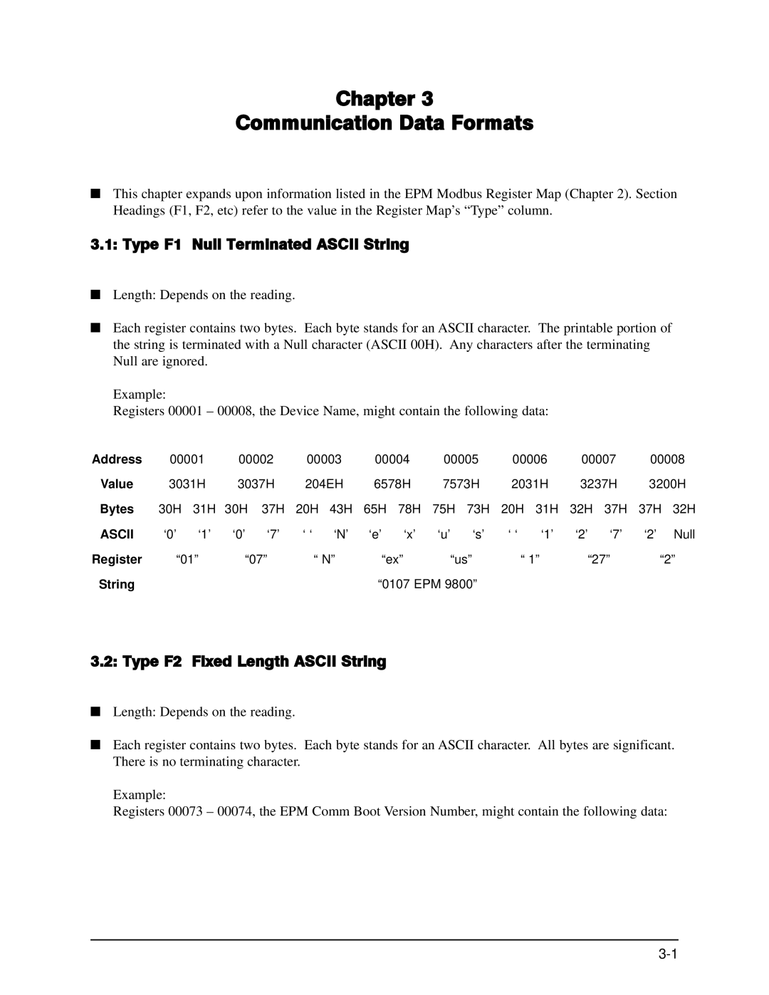 GE EPM 9650/9800 manual Type F1 Null Terminated Ascii String, Type F2 Fixed Length Ascii String, Bytes, Register String 