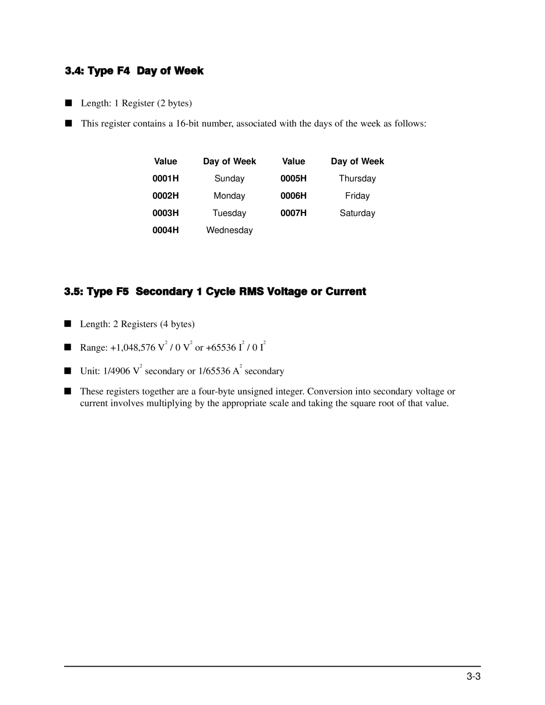 GE EPM 9650/9800 manual Type F4 Day of Week, Type F5 Secondary 1 Cycle RMS Voltage or Current 