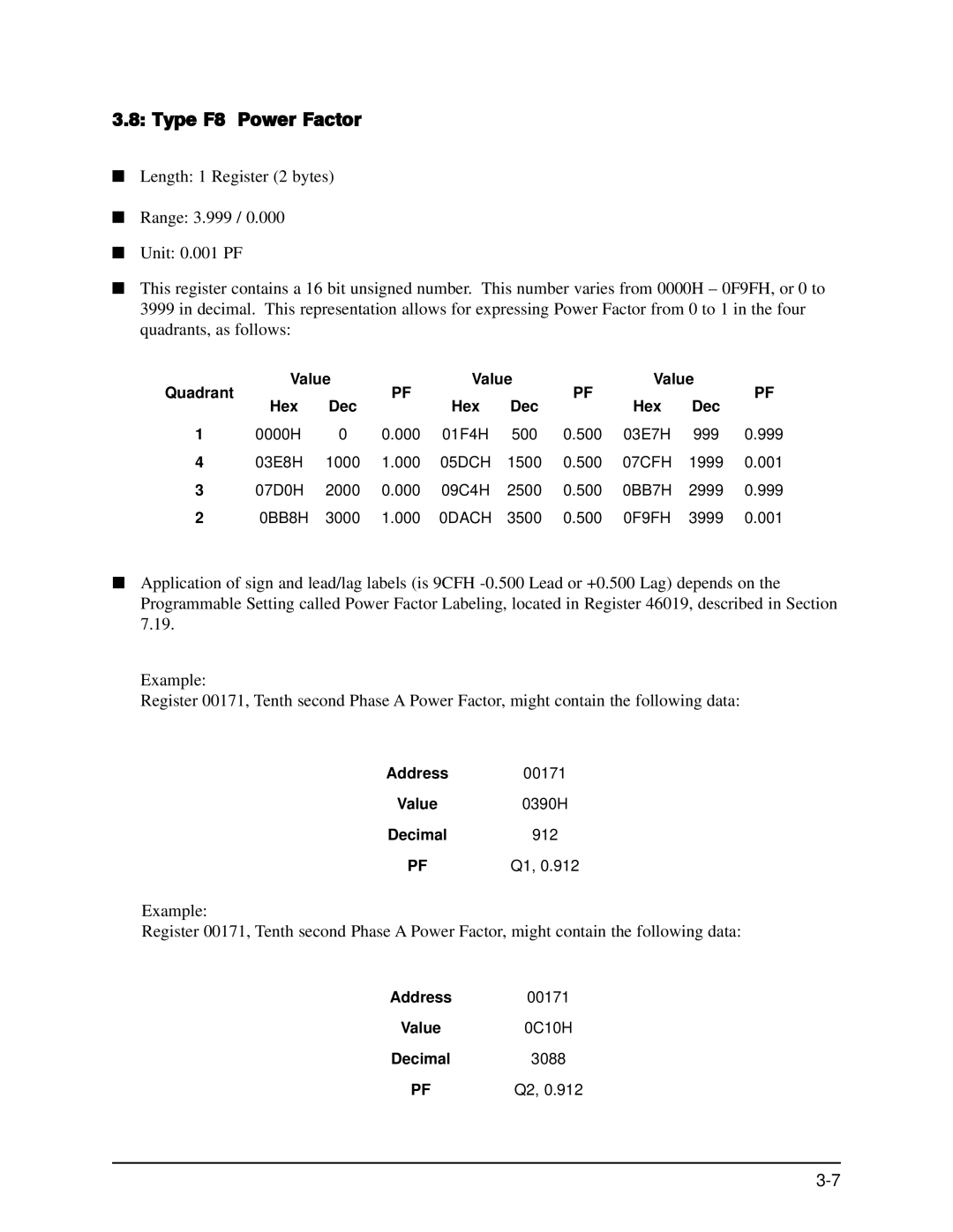 GE EPM 9650/9800 Type F8 Power Factor, Quadrant Value Hex Dec, Address Value 0390H Decimal, Address Value 0C10H Decimal 