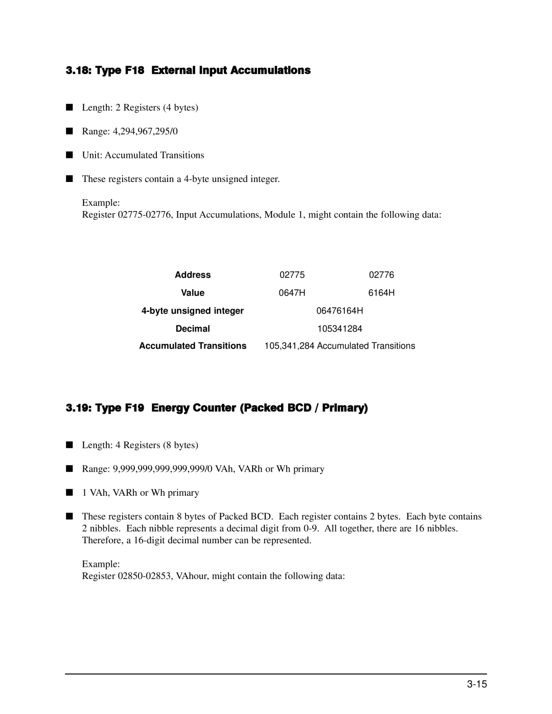 GE EPM 9650/9800 manual Type F18 External Input Accumulations, Type F19 Energy Counter Packed BCD / Primary 