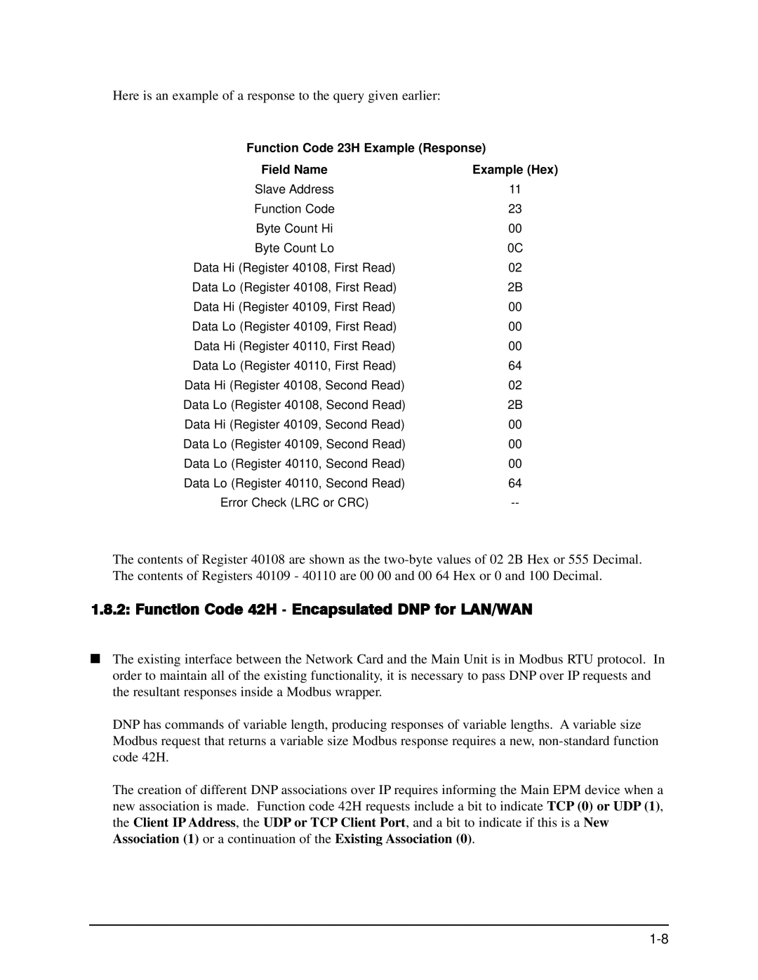 GE EPM 9650/9800 manual Function Code 42H Encapsulated DNP for LAN/WAN, Function Code 23H Example Response 