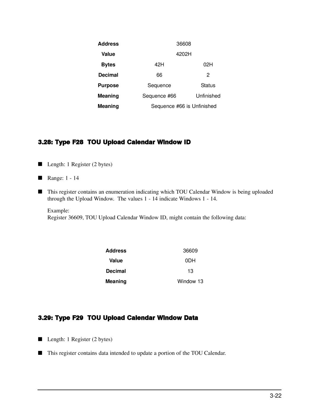 GE EPM 9650/9800 manual Type F28 TOU Upload Calendar Window ID, Type F29 TOU Upload Calendar Window Data 