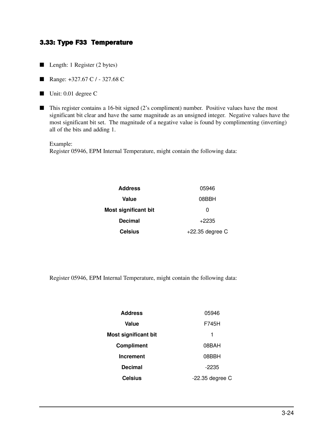 GE EPM 9650/9800 manual Type F33 Temperature, Most significant bit Decimal, Celsius 