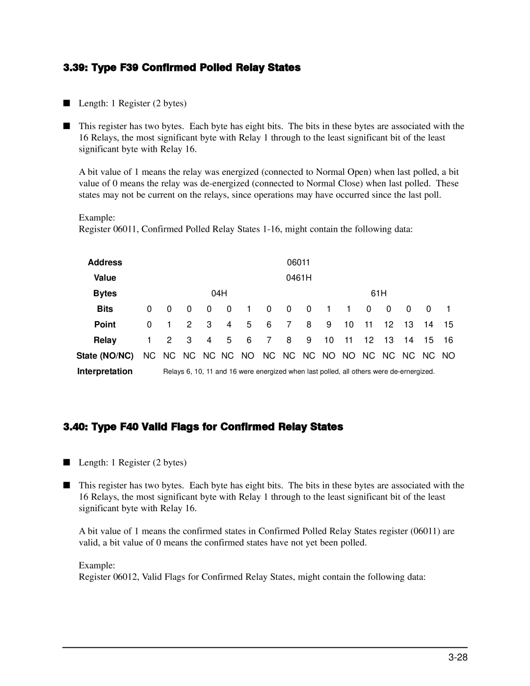 GE EPM 9650/9800 manual Type F39 Confirmed Polled Relay States, Type F40 Valid Flags for Confirmed Relay States 