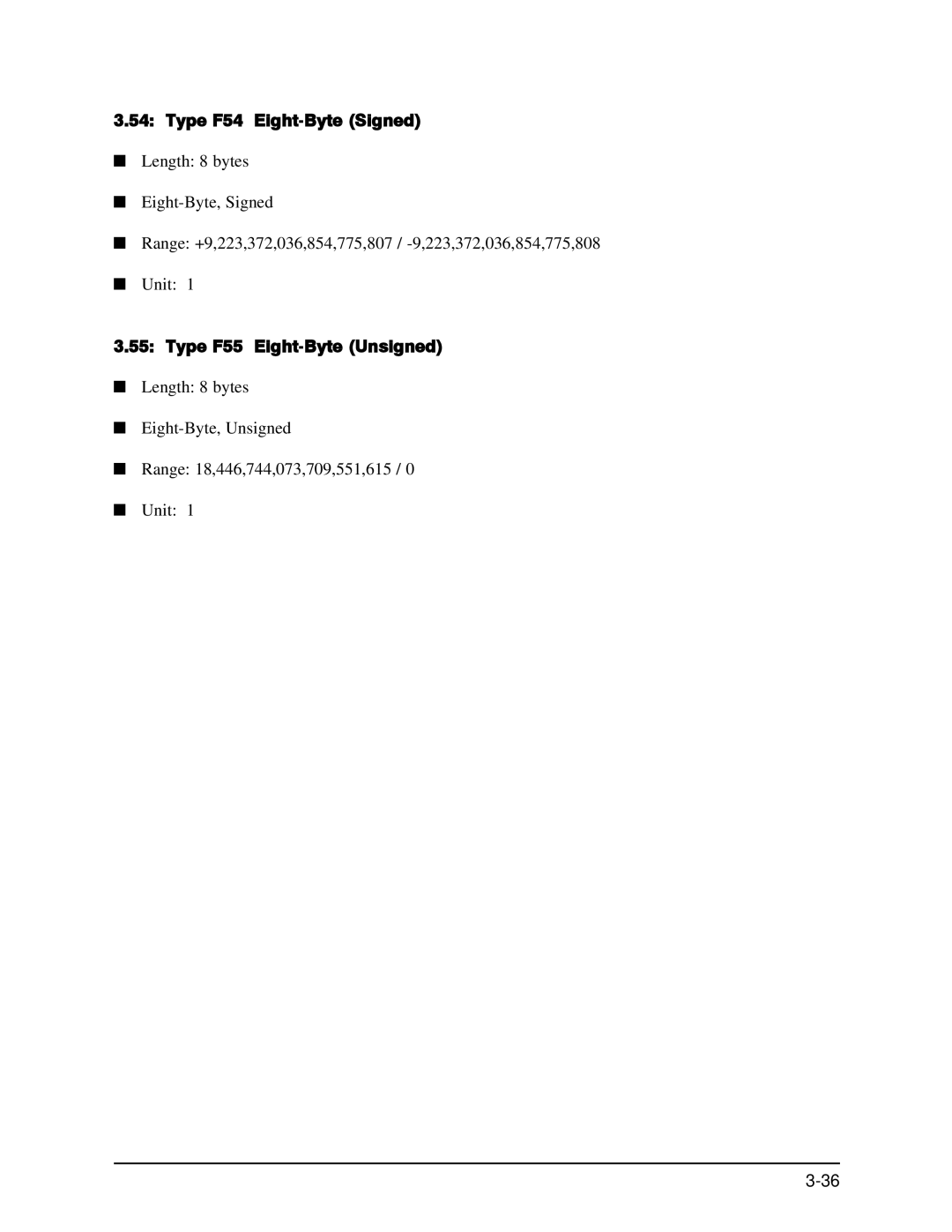 GE EPM 9650/9800 manual Type F54 Eight-Byte Signed, Type F55 Eight-Byte Unsigned 