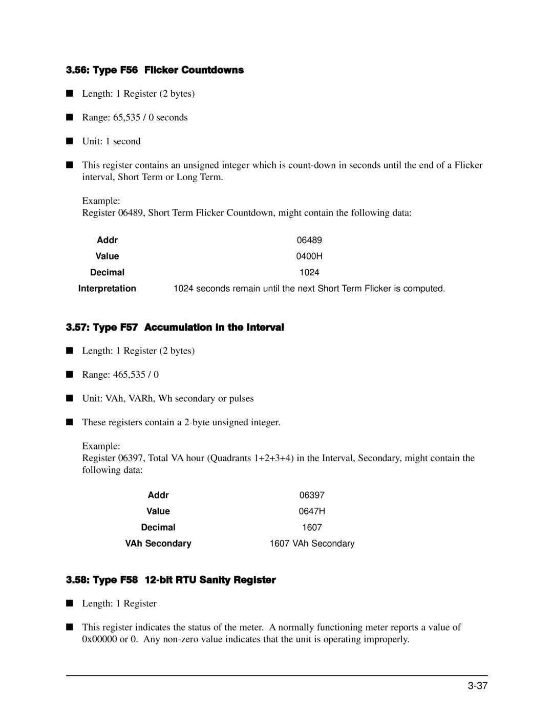 GE EPM 9650/9800 Type F56 Flicker Countdowns, Type F57 Accumulation in the Interval, Type F58 12-bit RTU Sanity Register 