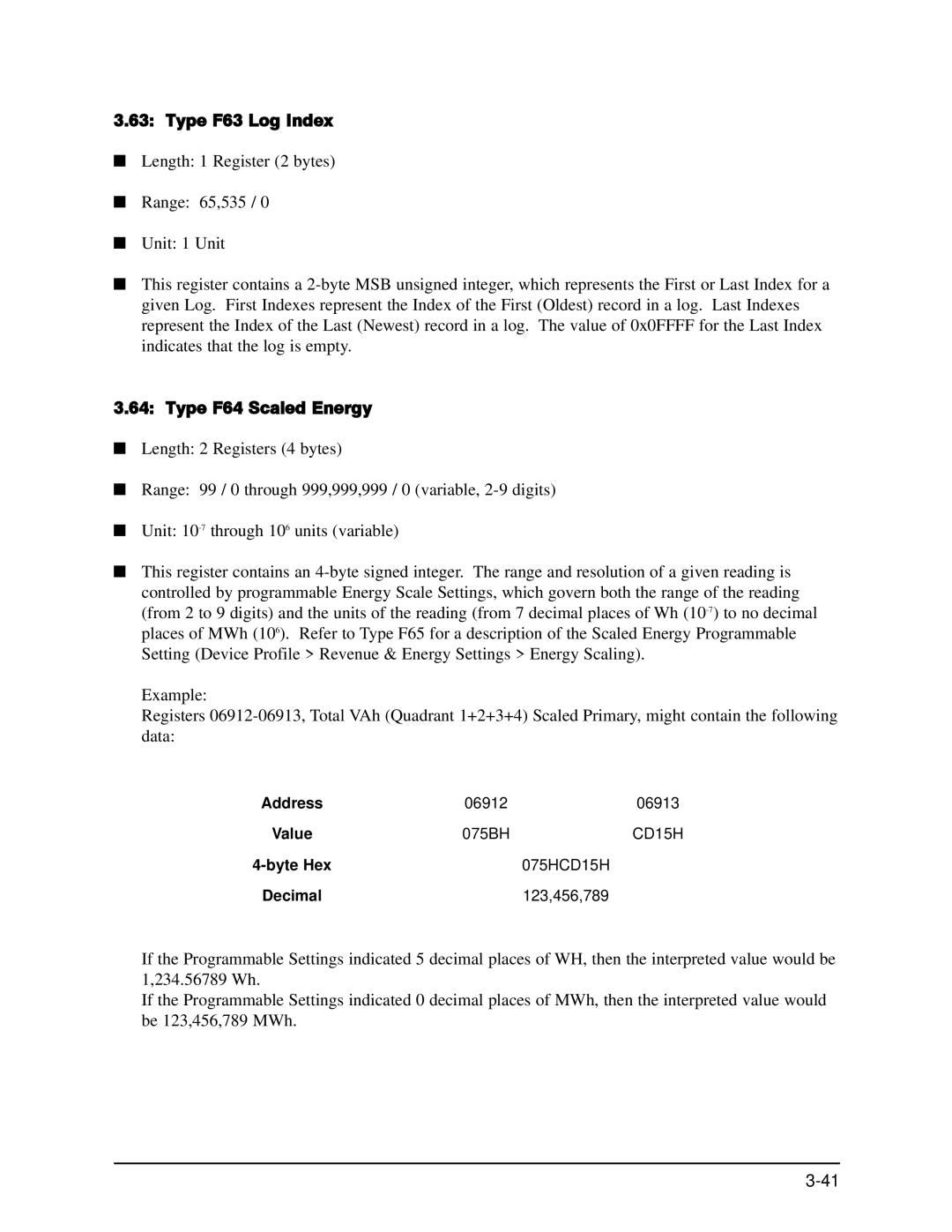 GE EPM 9650/9800 manual Type F63 Log Index, Type F64 Scaled Energy, Byte Hex 