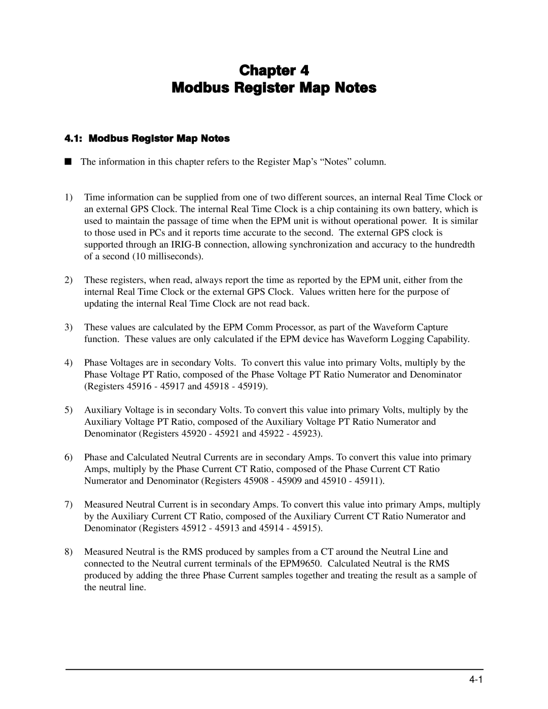 GE EPM 9650/9800 manual Chapter Modbus Register Map Notes 