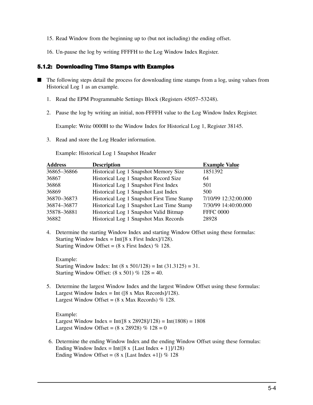 GE EPM 9650/9800 manual Downloading Time Stamps with Examples, Address Description Example Value 