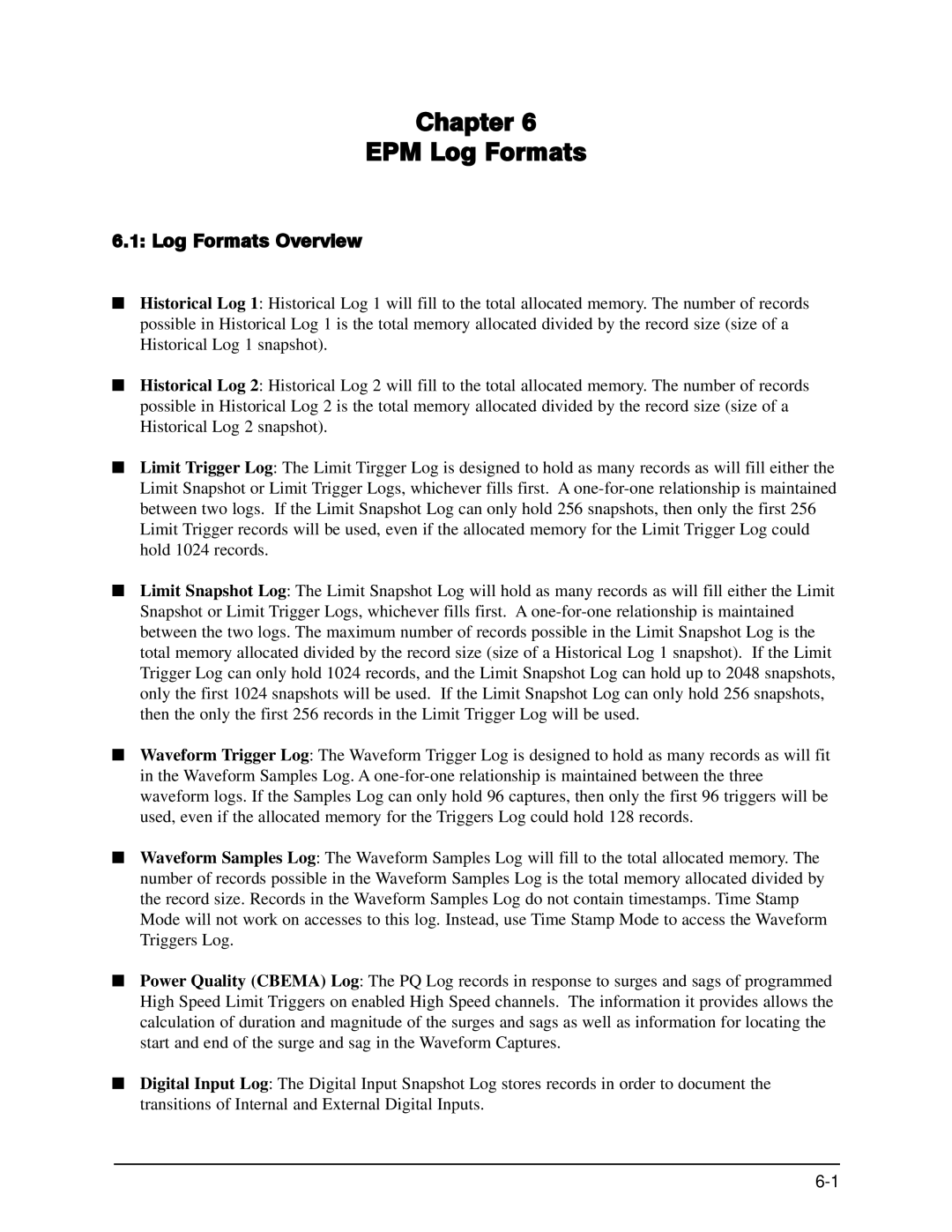 GE EPM 9650/9800 manual Chapter EPM Log Formats, Log Formats Overview 