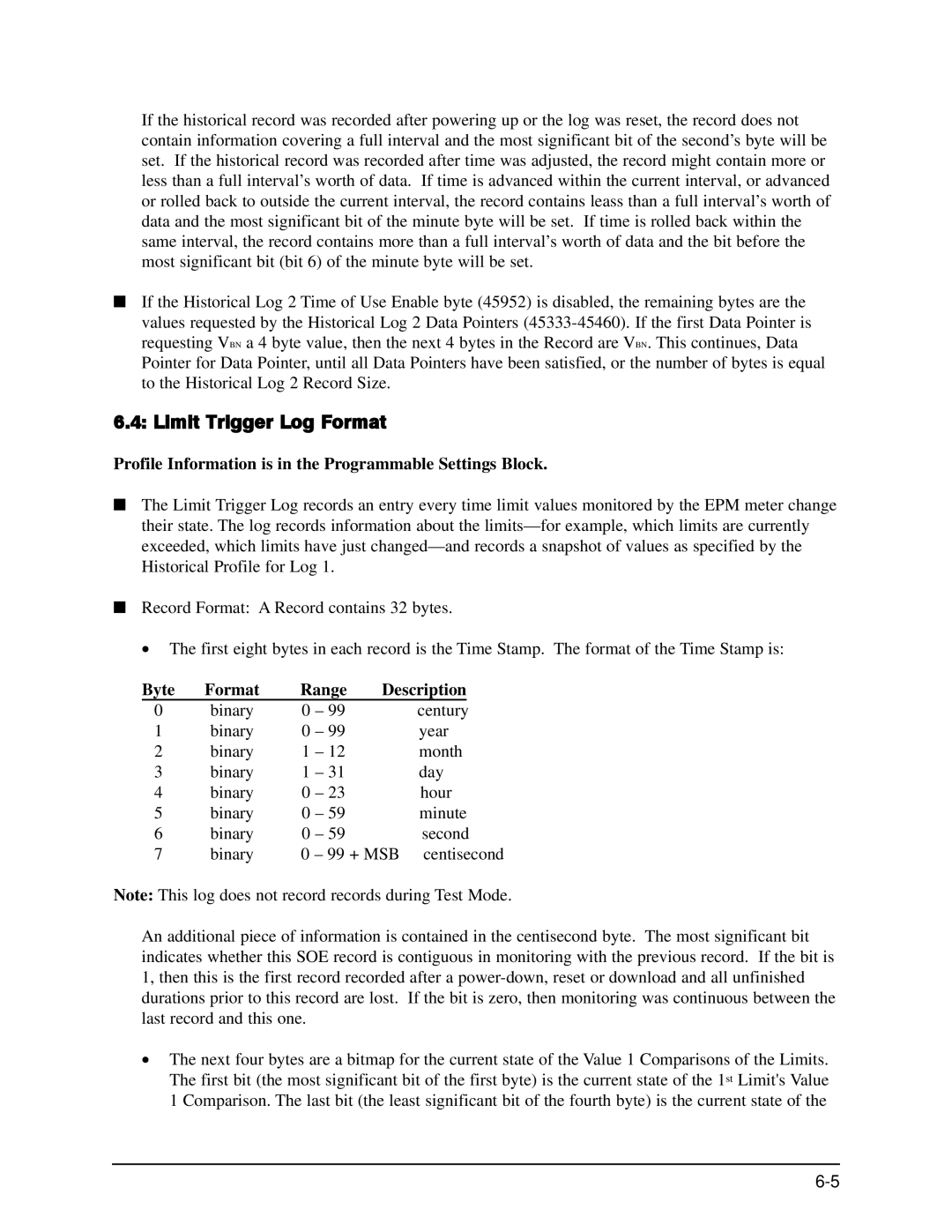 GE EPM 9650/9800 manual Limit Trigger Log Format, Profile Information is in the Programmable Settings Block 