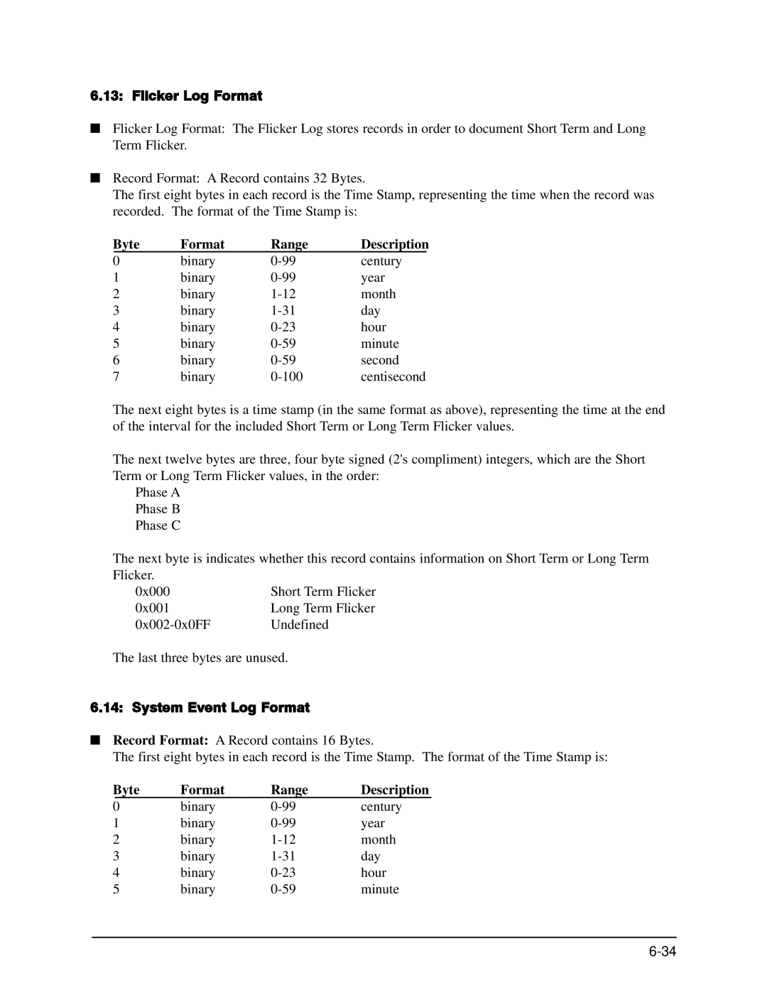 GE EPM 9650/9800 manual Flicker Log Format, System Event Log Format 