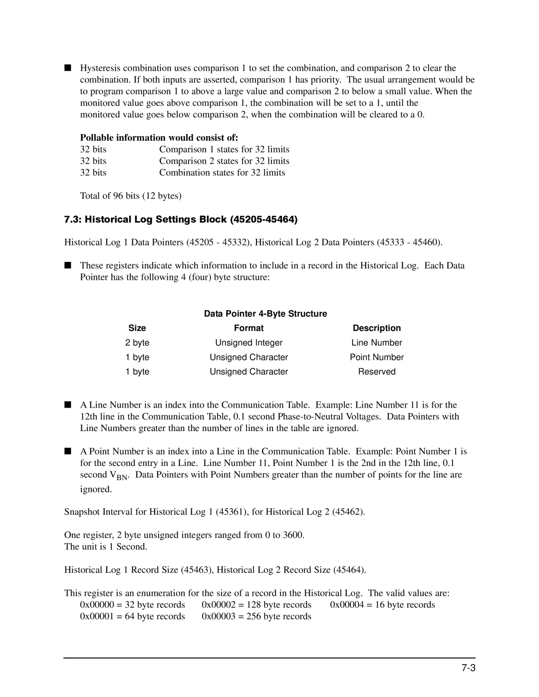 GE EPM 9650/9800 manual Pollable information would consist, Historical Log Settings Block, Data Pointer 4-Byte Structure 