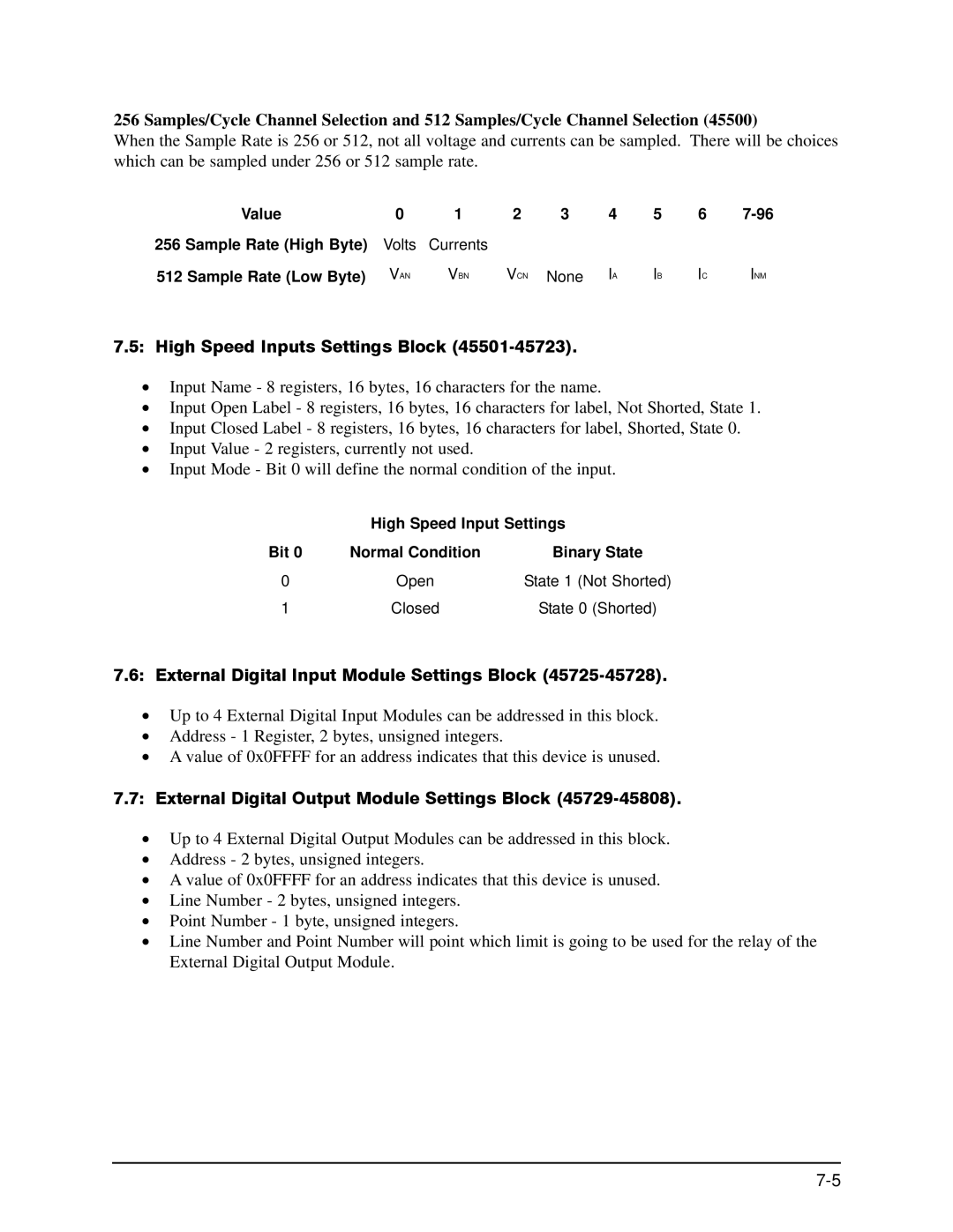 GE EPM 9650/9800 manual High Speed Inputs Settings Block, External Digital Input Module Settings Block 