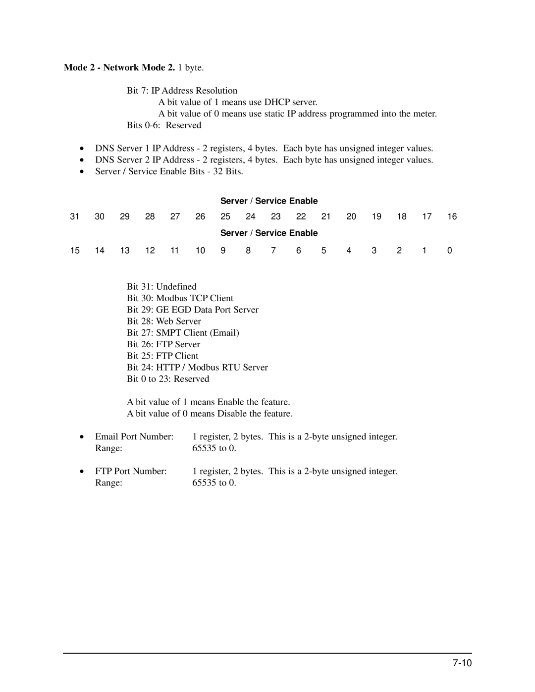 GE EPM 9650/9800 manual Mode 2 Network Mode 2 byte, Server / Service Enable 