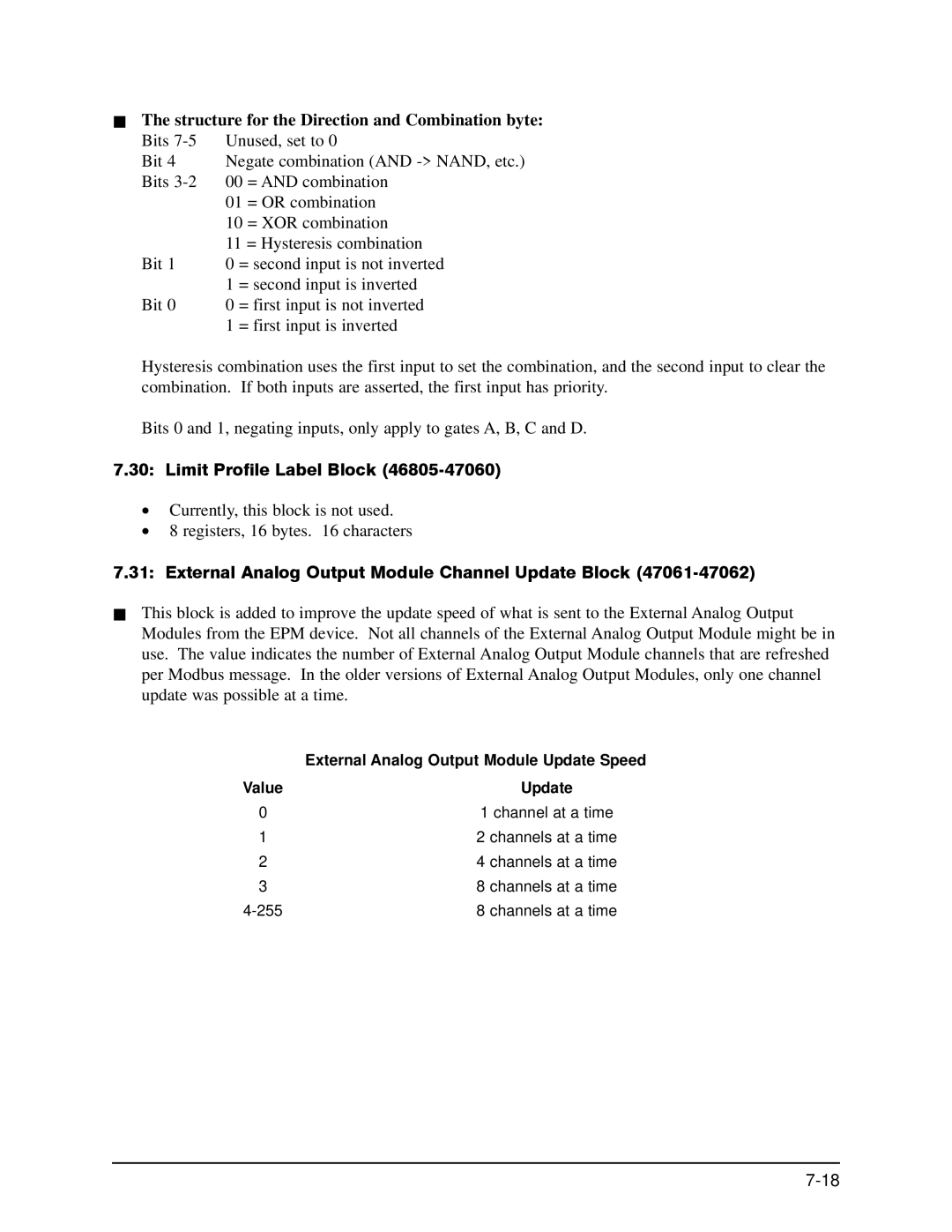 GE EPM 9650/9800 manual Structure for the Direction and Combination byte, Limit Profile Label Block, Value Update 