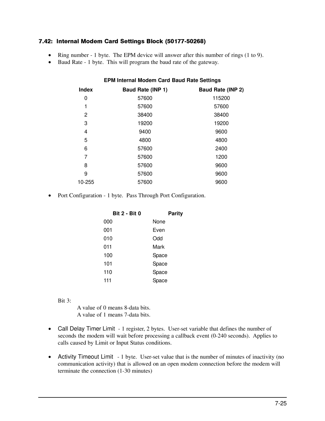 GE EPM 9650/9800 manual Internal Modem Card Settings Block, EPM Internal Modem Card Baud Rate Settings, Index Baud Rate INP 