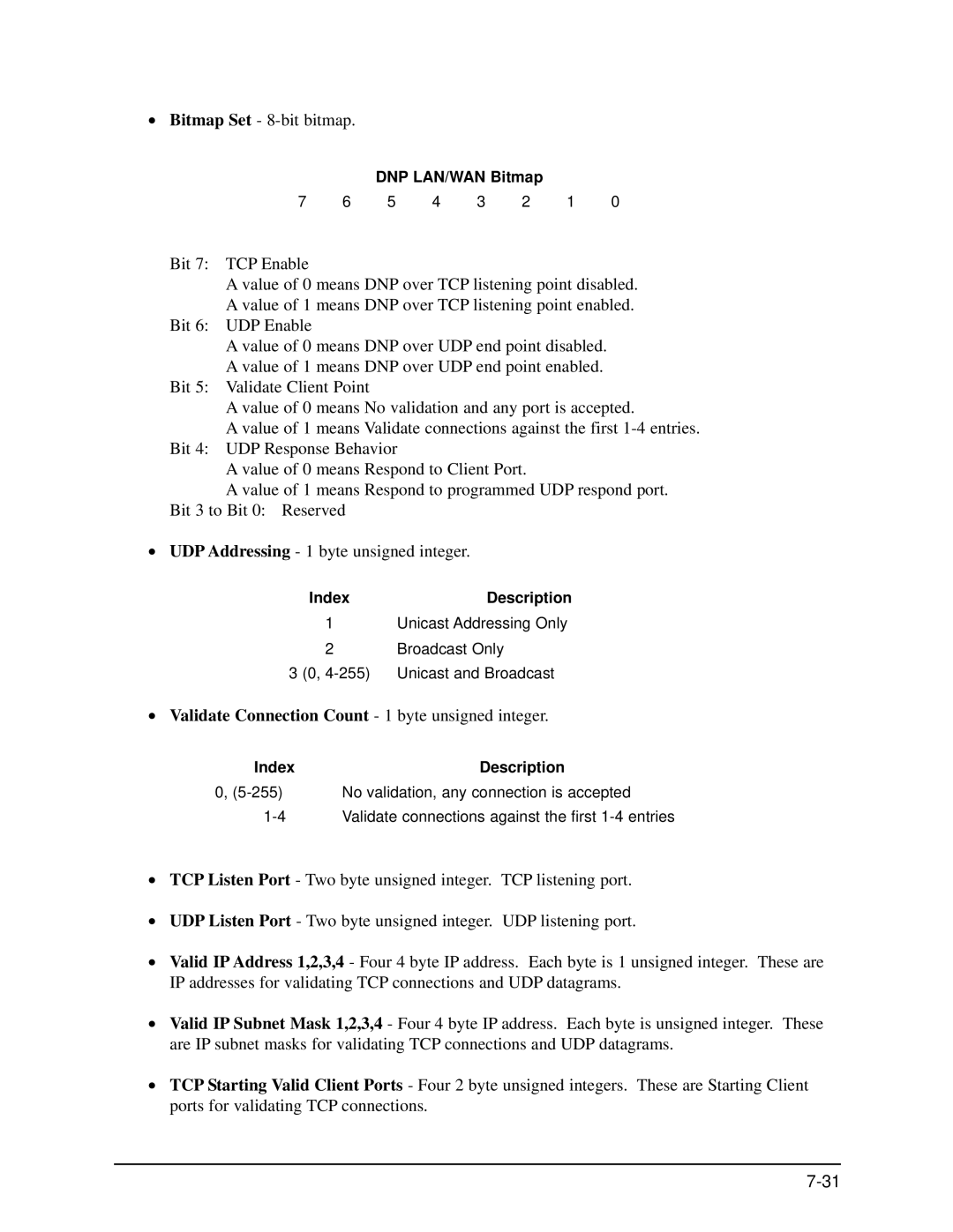 GE EPM 9650/9800 manual Validate Connection Count 1 byte unsigned integer, DNP LAN/WAN Bitmap 