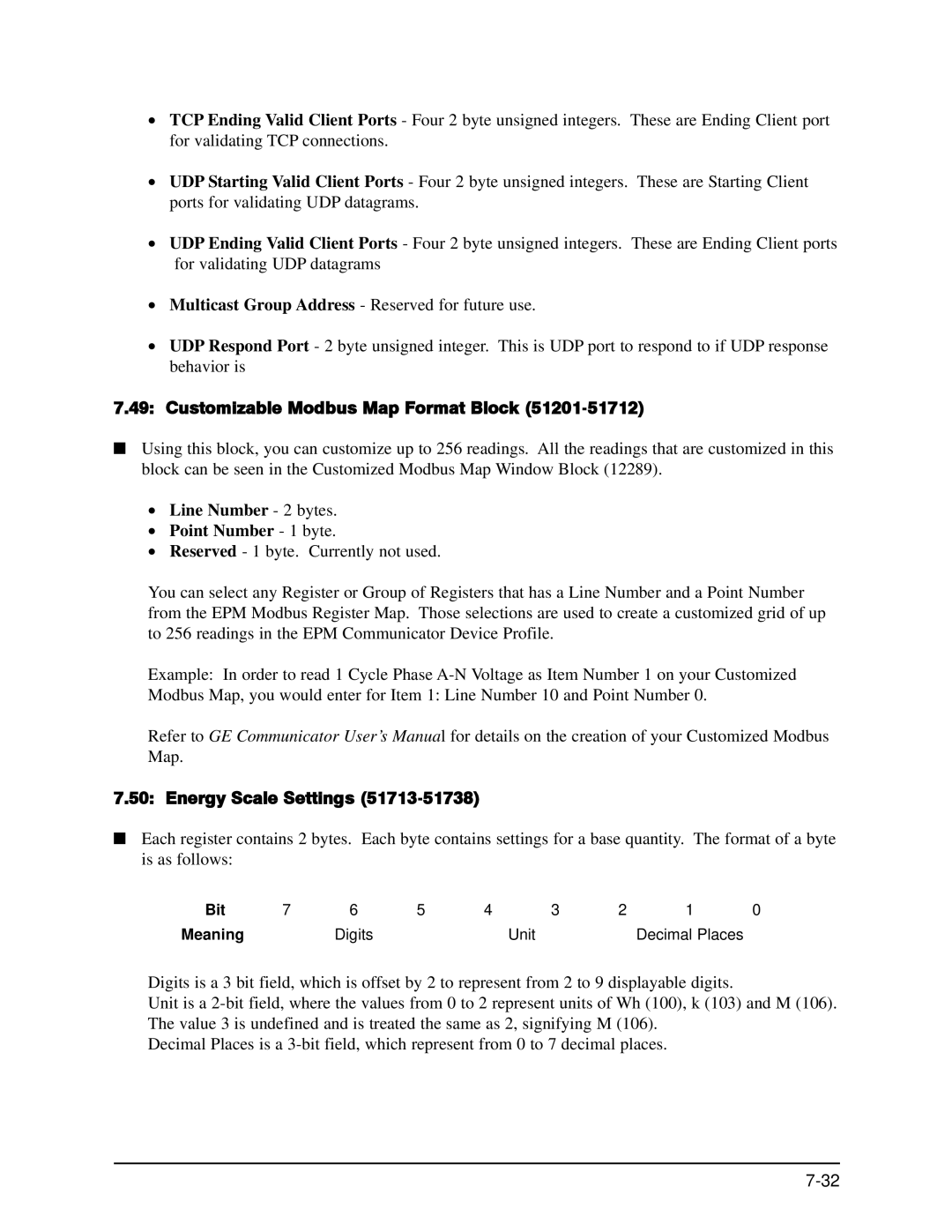 GE EPM 9650/9800 Customizable Modbus Map Format Block, Line Number 2 bytes Point Number 1 byte, Energy Scale Settings 