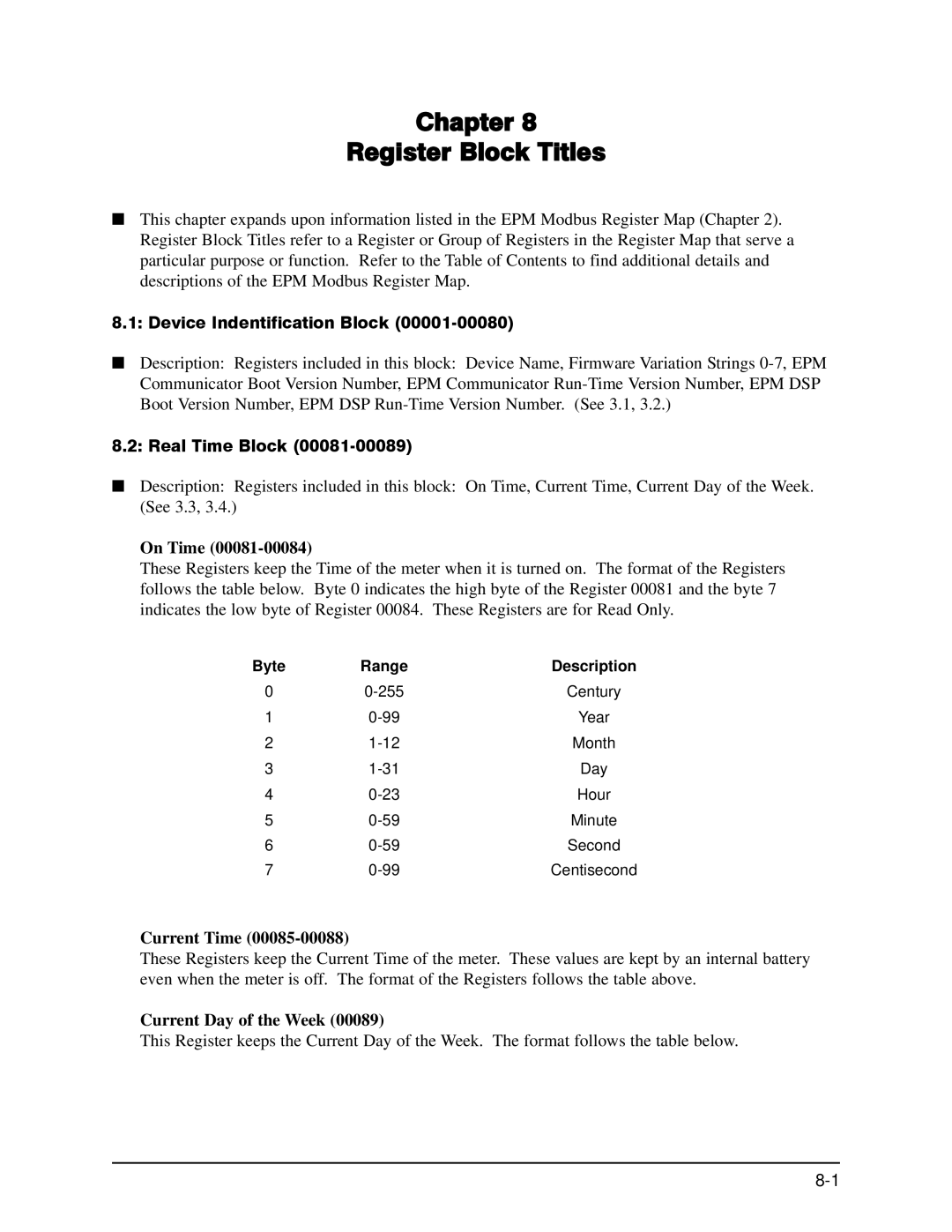 GE EPM 9650/9800 manual Device Indentification Block, Real Time Block, On Time, Current Time, Current Day of the Week 