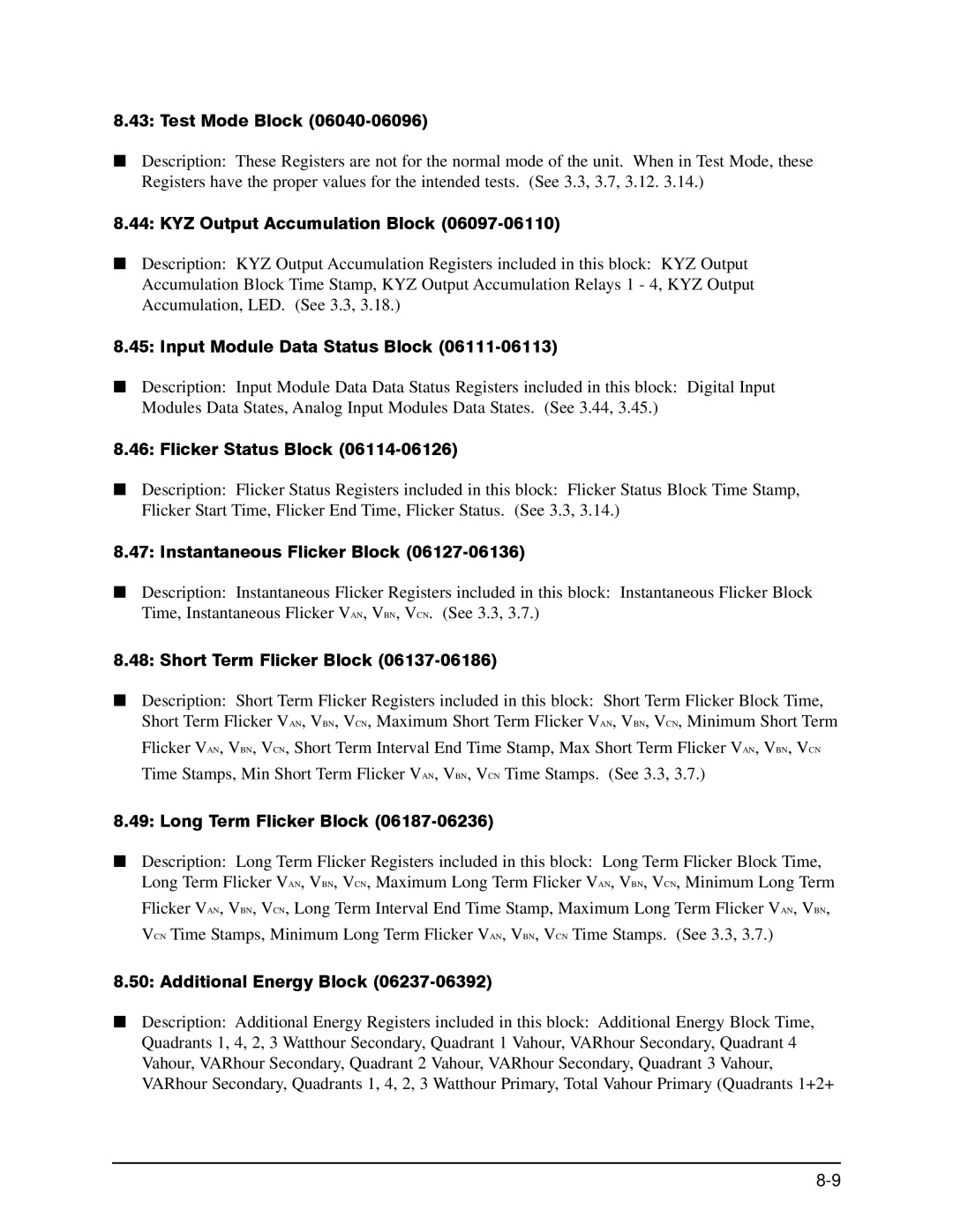 GE EPM 9650/9800 Test Mode Block, KYZ Output Accumulation Block, Input Module Data Status Block, Flicker Status Block 