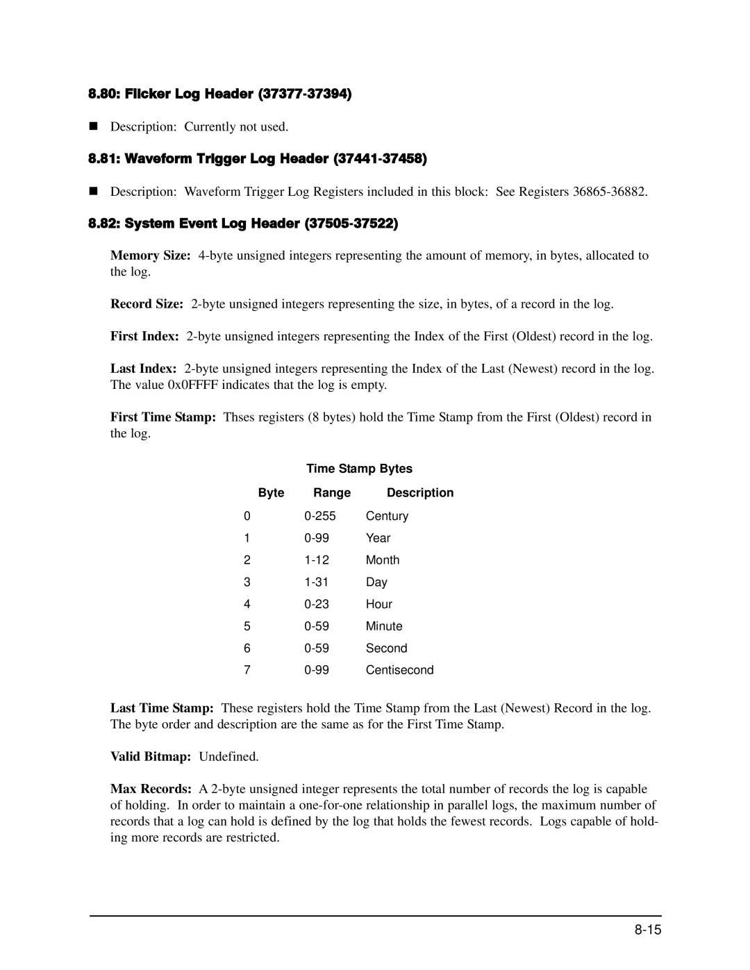 GE EPM 9650/9800 manual Flicker Log Header, Waveform Trigger Log Header, System Event Log Header, Valid Bitmap Undefined 