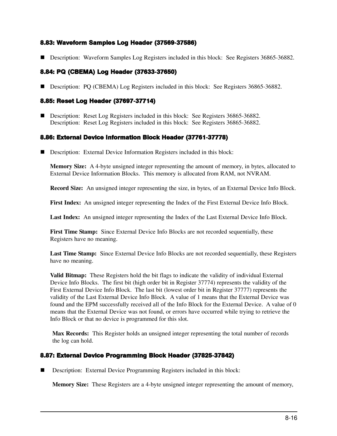 GE EPM 9650/9800 manual Waveform Samples Log Header, PQ Cbema Log Header, Reset Log Header 