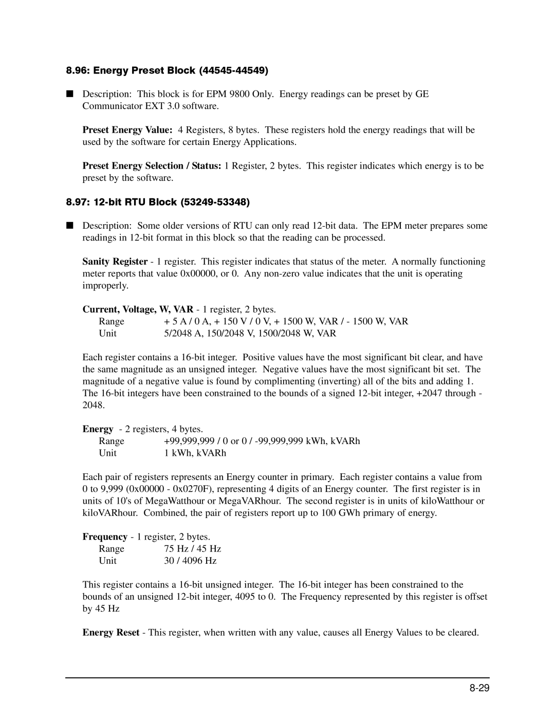 GE EPM 9650/9800 manual Energy Preset Block, 97 12-bit RTU Block, Current, Voltage, W, VAR 1 register, 2 bytes 