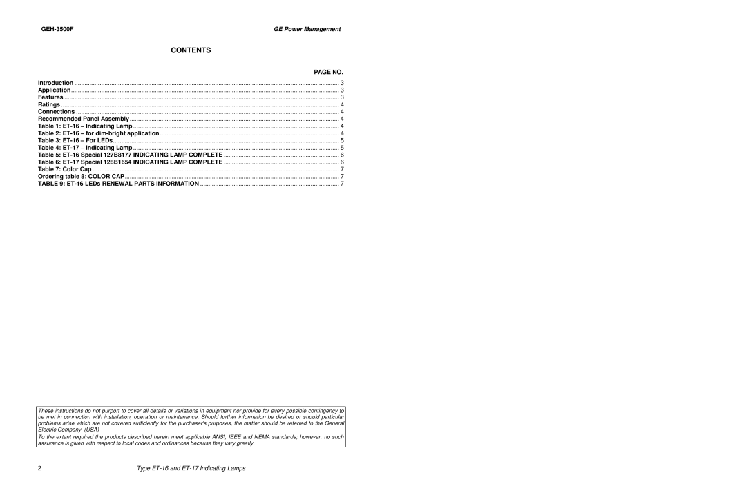 GE ET-16 manual Contents 