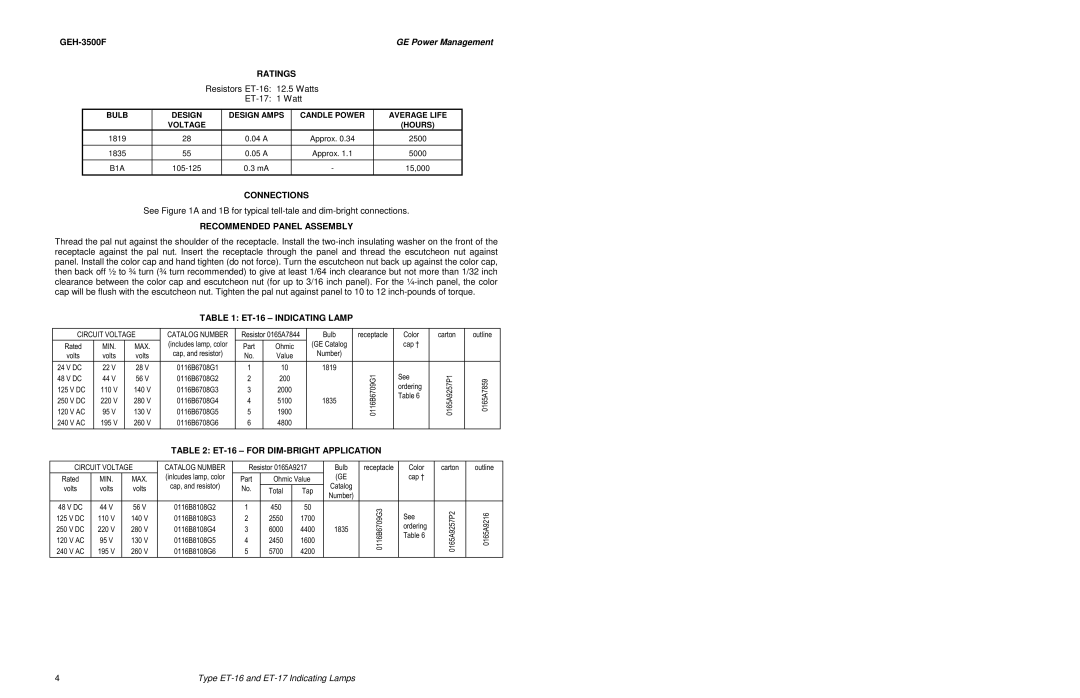 GE manual Ratings, Connections, Recommended Panel Assembly, ET-16 Indicating Lamp, ET-16 for DIM-BRIGHT Application 