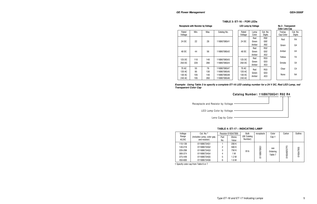 GE manual ET-16 for LEDs GEH-3500F, ET-17 Indicating Lamp 