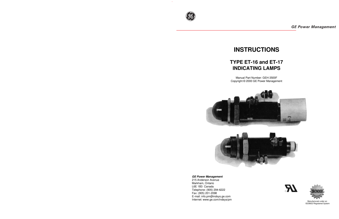 GE manual Instructions, TYPE ET-16and ET-17 INDICATING LAMPS, GE Power Management 