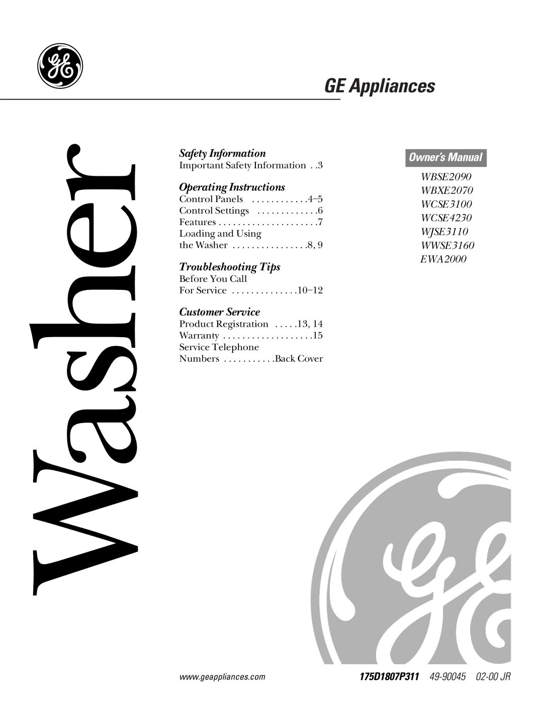 GE EWA2000 owner manual Washer 