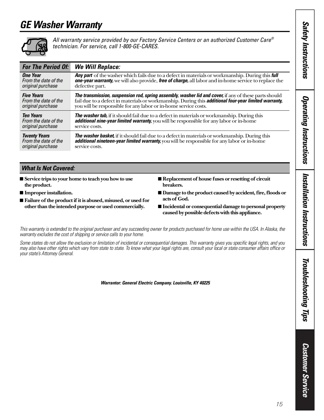 GE EWA2000 owner manual GE Washer Warranty 