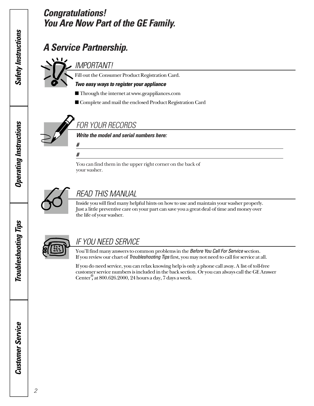 GE EWA2000 owner manual For Your Records 