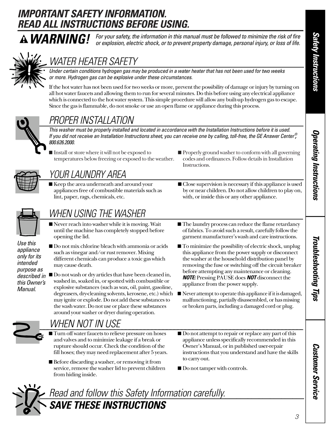 GE EWA2000 owner manual Water Heater Safety, Customer Service 