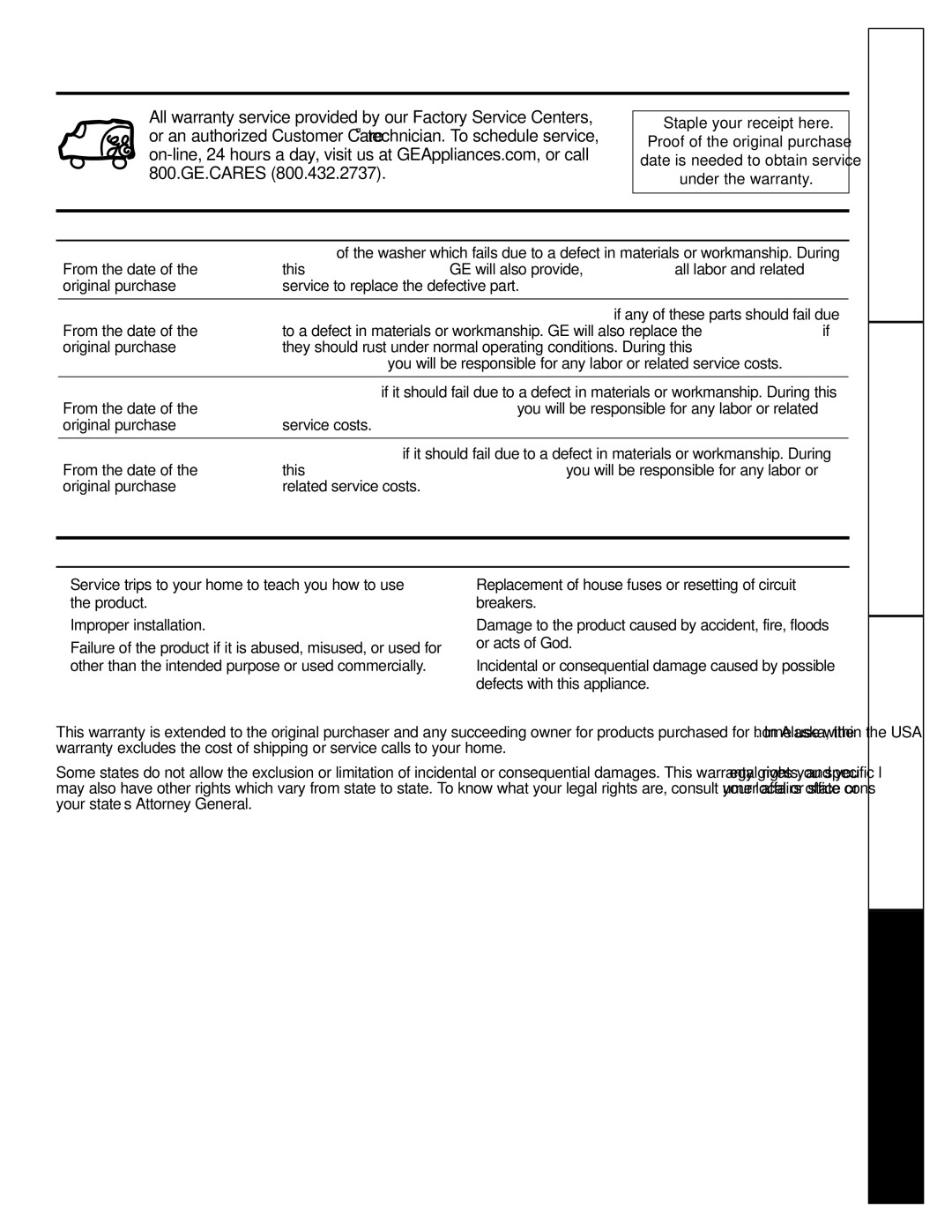 GE EWA3000 owner manual GE Washer Warranty, For The Period We Will Replace, What Is Not Covered 