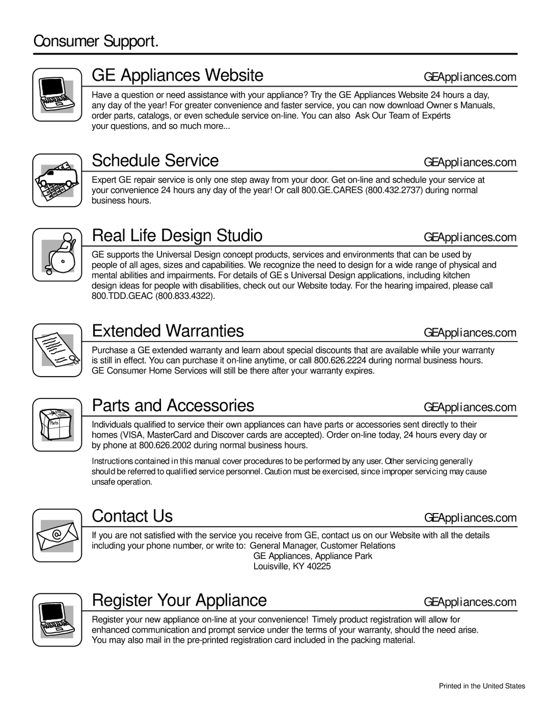 GE EWA3000 Consumer Support GE Appliances Website, Schedule Service, Real Life Design Studio, Extended Warranties 