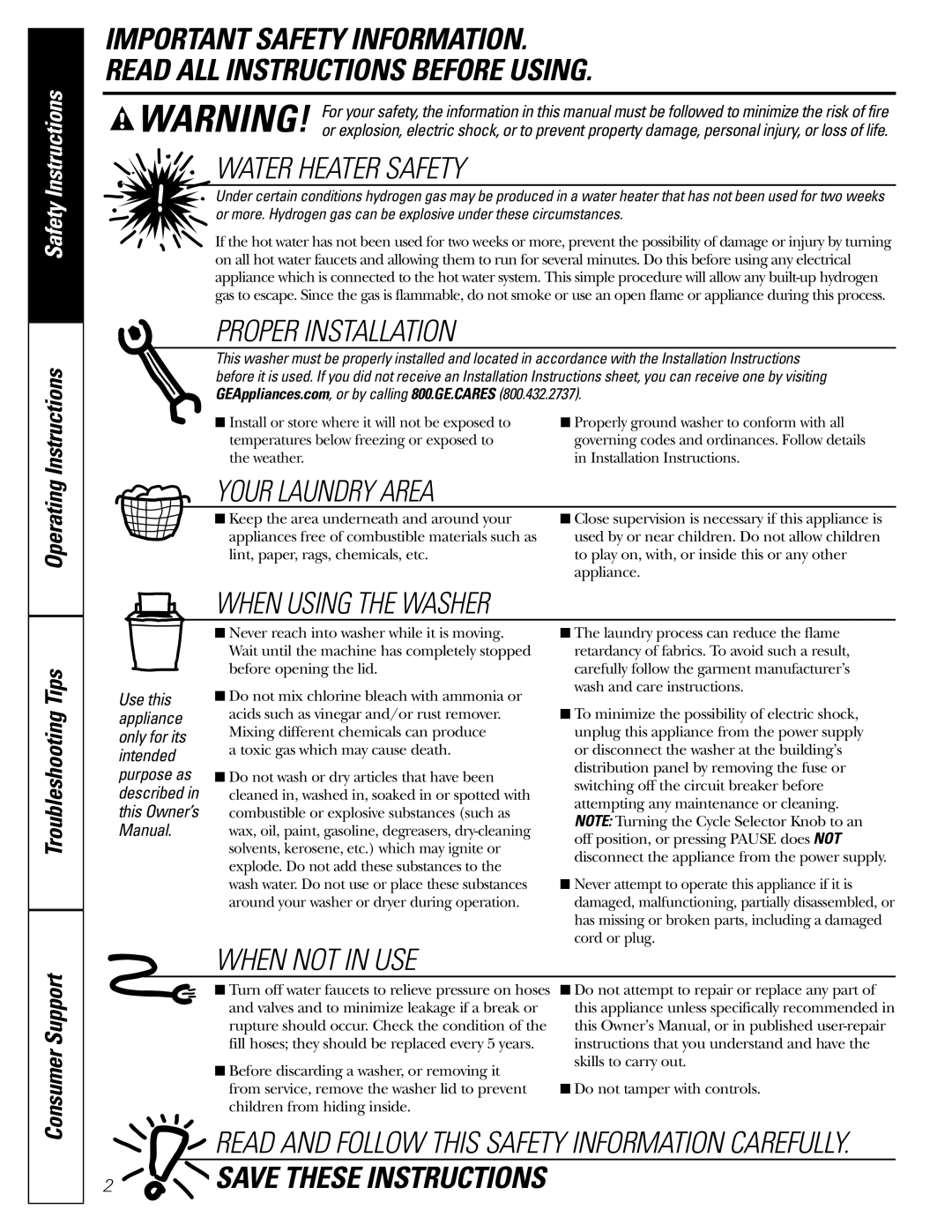 GE EWA3000 owner manual Water Heater Safety 