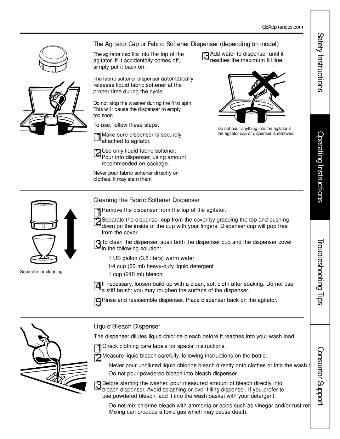 GE EWA3000 owner manual Cleaning the Fabric Softener Dispenser, Liquid Bleach Dispenser 