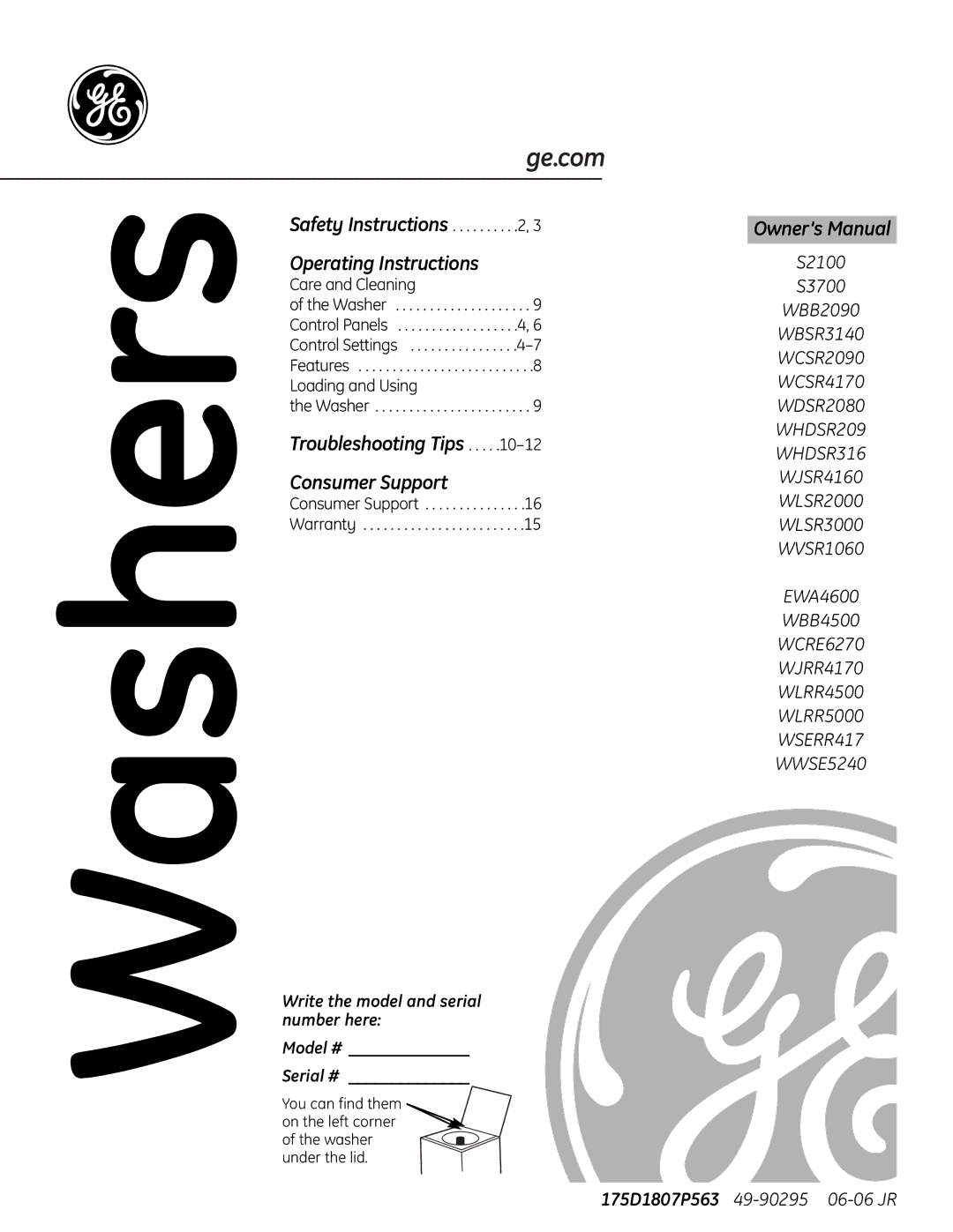 GE EWA4600 owner manual Washers 